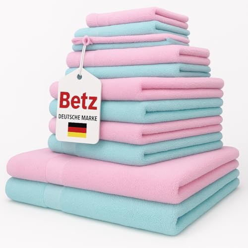 Betz 12-TLG. Handtuch-Set Palermo 100% Baumwolle 2 Liegetücher 4 Handtücher 2 Gästetücher 2 Seiftücher 2 Waschhandschuhe Farbe rosé und türkis