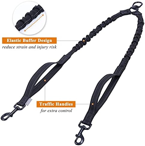 VIVAGLORY Reflective Double Dog Lead, No-Tangle & Shock Absorbing Bungee Lead Leash with Traffic Handle for Two Medium to Large Dogs for Daily Walking & Training