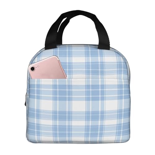 DADABULIU Lunch Bag Pastel Blue White Plaid Insulated Lunch Box Cooler Tote for Adults Student Boys Girls Women Men Work Office School Picnic Beach Reusable Lunchbox Over 3 Years Old
