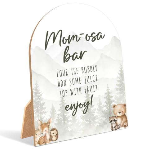 Woodland Adventure Baby Shower Table Sign, Forest Animals Mom-osa Bar, 6x8 Inch Arch Wooden Sign With Stand, Gender Reveal Party Supplies & Decorations - DM88