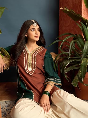 Image of EthnicJunction Women's Cotton Silk gota Patti Work High-Low Kurti with farshi Salwar | Co Ord Set for Women Stylish | Festival wear | Kareena Kappor Kurta Set | Wedding | Ethnic Kurta Set