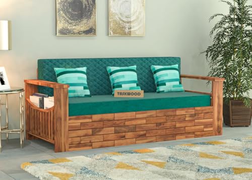 Image of Solid Sheesham Wooden Sofa Cums Bed with Mattresses for Living Room|Rosewood 3-Person Sofa Cums Bed for Bedroom Without Pillow (G-Natural Finish)
