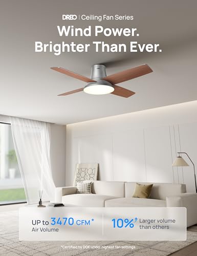 Image of DREO Ceiling Fan, 44 Inch Low Profile Ceiling Fan with Light and Remote, 5CCT LED, 6-Level Dimmable, 6-Speed, Reversible Motor, 22 dB, Timer, Easy-Install, Black Flush Mount for Bedroom