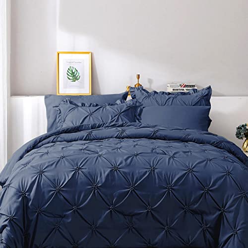 JOLLYVOGUE Navy Blue Full Size Comforter Sets 7 Pieces, Pintuck Bed in a Bag Comforter Set for Bedroom, Bedding Comforter Sets with Comforter, Sheets,Ruffled Shams & Pillowcases
