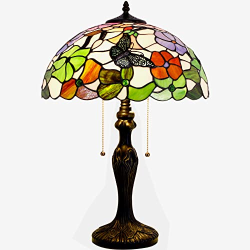 Zjart Tiffany Table Lamp 2-Light 24 Inch High Stained Glass Butterfly Style Reading Lamp Nightstand Bedside Desk Light Vintage Traditional Handmade Office Desk Lamp Pull Chain Switch Control #TOP9