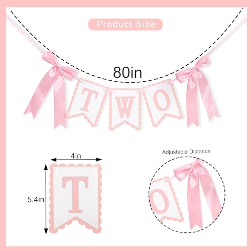 Image of Bow Two Birthday High Chair Banner,Pink Bow 2nd Party Decoration | Coquette Two High Chair Banner,Coquette 2nd Birthday Photo Prop