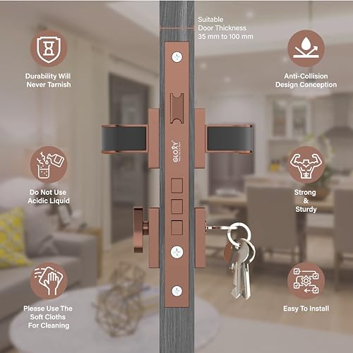 Image of GLOXY Premium Zinc Mortise Lock for Door - Rose Gold & Black Finish Door Handle Lock with 3 Brass Keys - Main Door Lock Set for Home, Office & Bedroom Doors - Heavy Duty Lock Body with 2 Year Warranty