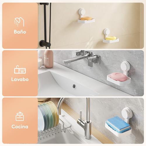 Miniatura 8 de Lifewit Jabonera Ventosa Para Ducha, Soap Holder Con Desagüe, Jabonera De Plástico Sin Taladrar, Estanteria Ventosa Extraíble De Pared Para Ducha, Portaesponjas De Cocina, Blanco