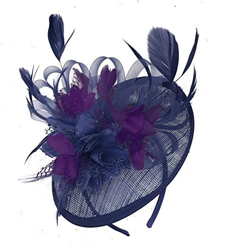 Navy Blue and Dark Purple Sinamay Disc Saucer Fascinator Hat for Women Weddings Headband
