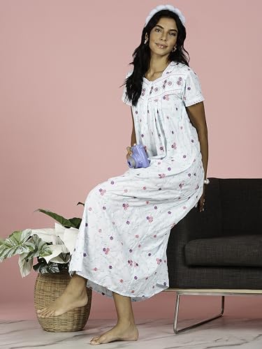 Image of 9shines Label Stylish Chikankari Cotton Nighty Maxi for Women | Full Length Nightgown | Nightdress with Pocket | Embroidery Nighty | Soft Comfortable Cotton Nightwear (1545)