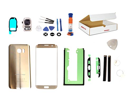 MD0410 Screen Repair Kit Compatible with Samsung Galaxy S7 Edge G935 - Front Outer Glass Lens + Back Cover + Camera Lens Flash Cover Replacement (Gold)