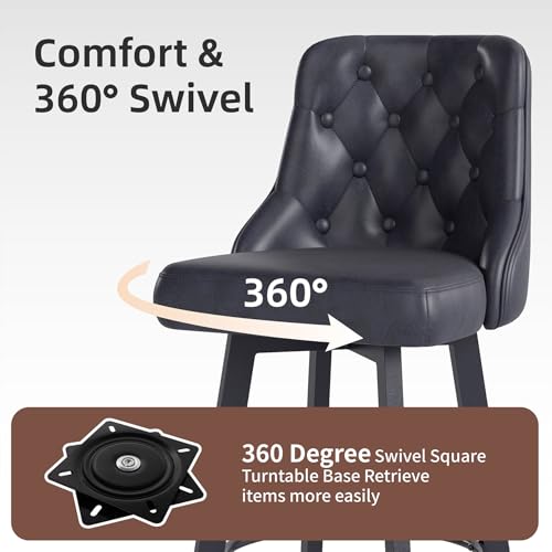 Youhauchair Bar Stools Set of 2, Waterproof PU Leather Bar Stool, 360° Rotating Breakfast Bar Stools with Footrest, Seat Height 66.5 cm, Load Capacity 150 kg, Black - Image 6