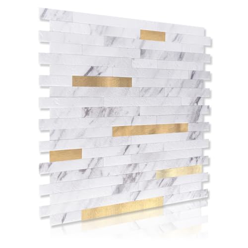 Image of Art3d Faux Stone Peel & Stick Backsplash Tile, 10pcs, White with Metal Gold
