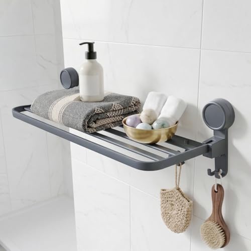 Image of Amazon Basics Suction Towel Rack for Bathroom, No Drill Wall Mounted Aluminum Towel Holder with Hooks, Self Adhesive Rustproof Bathroom Towel Hanger, Damage-Free Install