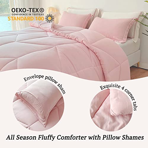 Mildly Pink Bedding Comforter Sets, Queen Comforter Set 100% Washed Microfiber Super Soft 3 Pcs, All Season Reversible Fluffy Down Alternative Quilted Comforter 88X88 Inches, 2 Pillow Shams #TOP4