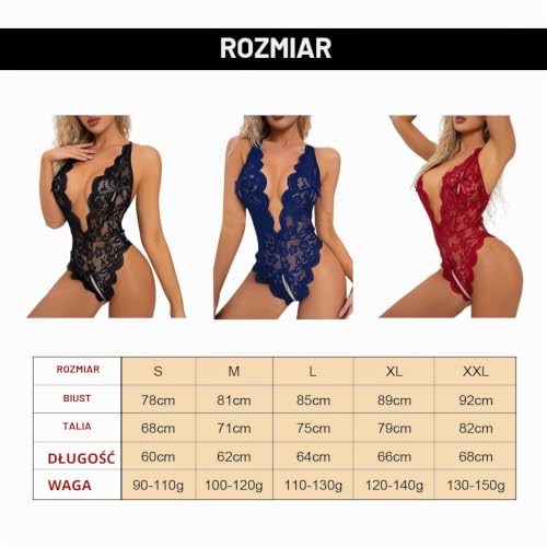 KOEMCY Seksowna bielizna damska Babydoll Body damska seksowna koronkowa bielizna Teddy Body głęboki dekolt V bielizna erotyczna jednoczęściowa bielizna erotyczna negliż, czerwony, M