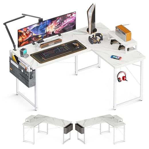 ODK L Shaped Desk, 51" Computer Corner Desk, Gaming Desk, Home Office Writing Desk with Monitor Shelf, Space-Saving Workstation Desk, Modern Simple Wooden Desk, Easy to Assemble, White Marble