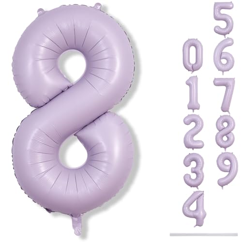 Image of Light Purple Number 8 Balloons, 40 Inch Giant Dusty Pastel Purple Mylar Foil Number 8 Ballon for Girls, Self Inflating 8th Birthday Helium Balloon for Women 8th Anniversary Party Decorations Supplies