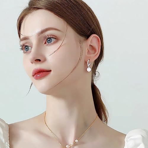 Pearl Earrings for Women 925 Sterling Silver White Gold Pearl Drop Earrings Dangle Cubic Zirconia Large Size 12mm 10mm for Mother (Silver, 10mm) — view 2