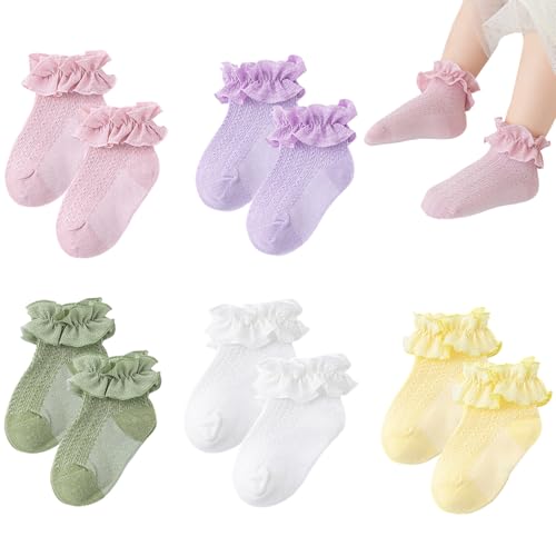 Toyhood 5 pares de calcetines de encaje con volantes para bebé, calcetines de algodón coloridos, calcetines con volantes, calcetines antideslizantes con volantes, para 0-12 meses, multicolor, 12