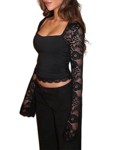 Women's Lace Trim Square Neck T Shirt Y2K Long Flare Cuff Sleeve Basic Tops Elegant Slim Fit Blouse Aesthetic Tee Shirts (B-Black, M)