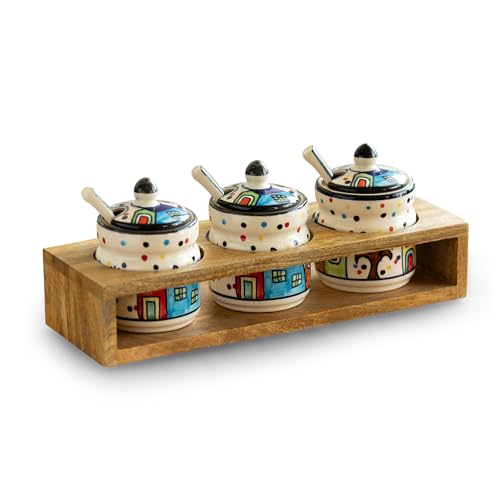 Image of ExclusiveLane 'Hut Handpainted' Ceramic Pickle Jars for Dining Table with Spoon & Wooden Holder (Set of 3, 280 ML)|Ceramic Jars for Kitchen Storage Pickle Holder Pickle Jars for Storage Aachar Jar Set