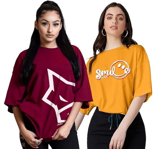 Image of LEOTUDE Cottonblend Oversized Half Sleeve Colorful Printed Combo T-Shirts for Women (Pack of 2)