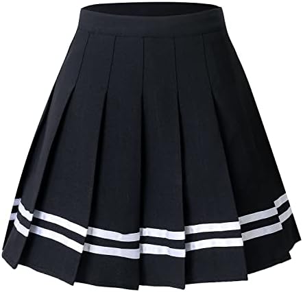 Hoerev Women Girls Short High Waist Pleated Skater Tennis Skirt,Black with Stripes,2,S