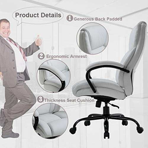Office Chair 500lbs Wide Seat Ergonomic Desk Chair PU Leather Computer Chair Task High Back Executive Chair with Lumbar Support Armrest Adjustable Chair for Heavy People, White