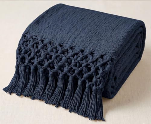 Image of HAKAM Cotton Throw Blanket with Macrame Tassels for 3 Seater Sofa | Ideal for Your Home, Living Room, Sofa, Bed, Chair, Picnic & Used for Gift - 50X70 inch (Navy Blue, 128x178 cm)