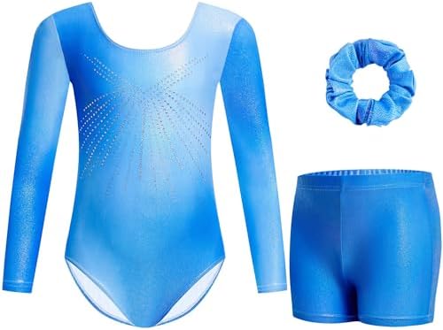 Gogokids Mädchen Dreiteilige Gymnastikanzüge, Langärmliges Gymnastik Set mit Shorts und Haarband, Glitzernde Balletteinheitstrikots - Gymnastik Outfit mit Farbverlaufdesign für 3-1