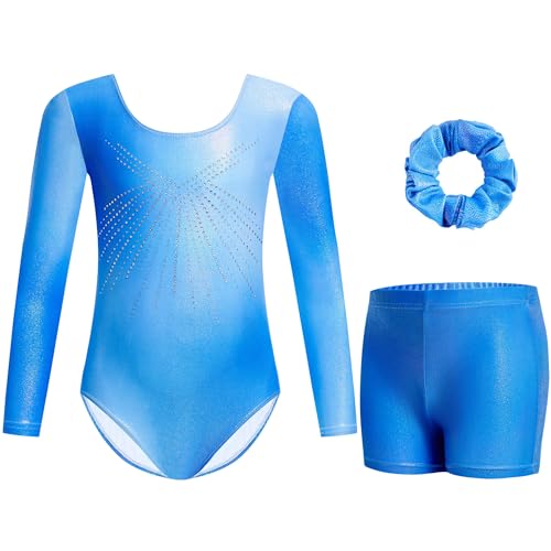 Gogokids Body da ginnastica per ragazze, a maniche lunghe, con strass scintillanti, per danza con pantaloncini, per 3-12 anni, C-blu, 8-9 anni