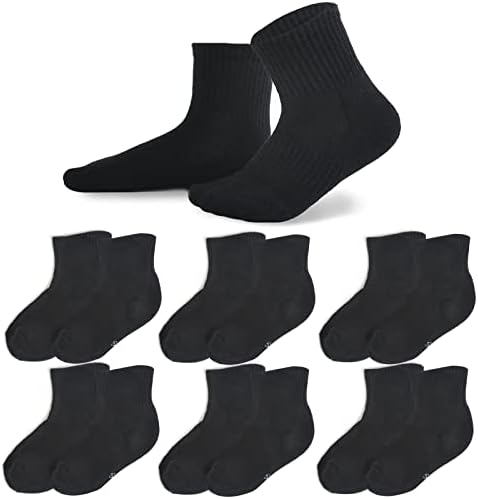 Mini angel Kids Athletic Socks Cushioned Ankle Socks 10-14 Years Unisex Breathable Mesh Cotton Sports Socks for Youth Boys Girls 6 Pairs (Black Color, L)