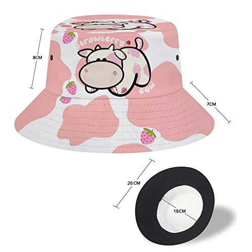 Strawberry Milk Cow Bucket Hat For Women Kawaii Stuff Fisherman Cap Pink Cute Sun Hat For Men Breathable Packable For Teens Summer Outdoor Beach #TOP2