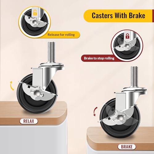 HOLKIE Lenkrollen 75mm (3 Zoll) mit Bremsen Möbelrollen Transportrollen, M10 x 1,5 x 30mm (Schaftdurchmesser 10mm, Schaftlänge 30mm) Schwerlastrollen Gummirollen 4er Set Rollen für Möbel Schwarz