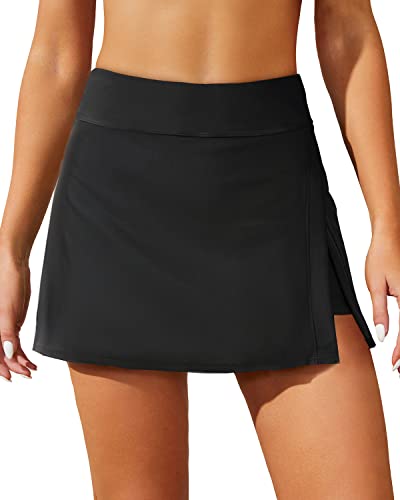 Aqua Eve Women Swim Skirt Tummy Control Swimsuit Skirt with Built-in Shorts High Waisted Split Swim Bottom4