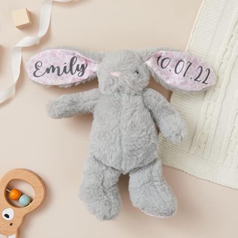 Hoolaroo Personalised Bunny Teddy Bears For Girls Babies Newborn Gift New Baby Girl Easter Present 1st Birthday Gifts For Girls Keepsake Soft Toy Sister Flower Grey Pink Cover