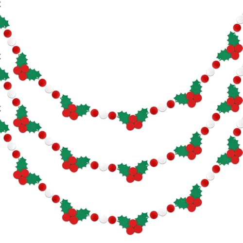 Jansun 3 Pack 24.6 Feet Christmas Felt Holly Leaves Berry Garlands