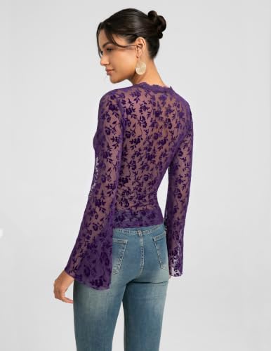 Womens Mesh Long Sleeve Tops, Lace Gothic Date Night Outfits, Purple, XL — view 4