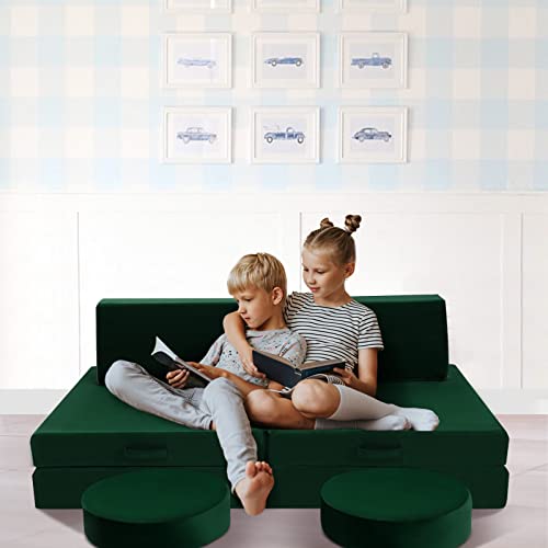 Memorecool Kids Couch Sofa Modular Toddler Couch For Bedroom Playroom, 8-Piece Fold Out Couch Play Set For Imaginative Boy Girl, Creative Baby Couch Children Convertible Sofa Kids Foam Couch, Green #TOP5