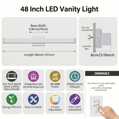 URSOLA 48" Modern LED Bathroom Light Fixtures, Chrome 3CCT Dimmable Bathroom Vanity Light Over Mirror, Bathroom Vanity Bath Bar Lights with Double Layer Acrylic Shade by URSOLA - Used condition - Image 2