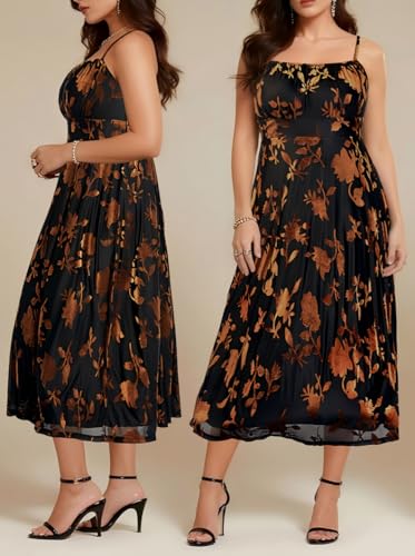 Plus Size Wedding Guest Cocktail Party Women's Summer Dress Brown Floral Velvet Sleeveless Spaghetti Strap Midi Dress2
