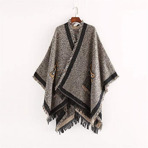 JIAJU Invierno borlas Ponchos Chales, Cabos de Las Mujeres Elegantes con Flecos Hem de Las Mujeres de Punto Floral del Poncho del Cabo del suéter (Color : Marrón)