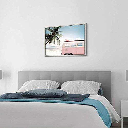 Hardy Gallery Beach Picture Wall Art Framed: Pink Van With Surfboard Artwork Coastal Palm Painting Print On Canvas Rustic Framed For Living Room #TOP4