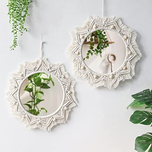 Dremisland Wall Mirror-15 Inch Round Mirror with Macrame Fringe, Boho Decorative Hanging Mirror Wall Decor Art Ornament for Apartment Home Bedroom Living Room Baby Nursery (Beige-2Pack)