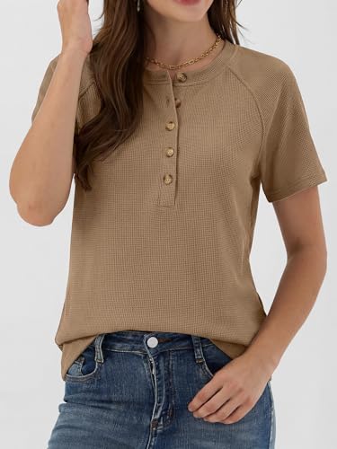 ANRABESS Women Waffle Knit Tops Short Sleeve Henley Shirts Dressy Casual Blouse 2026 Spring Fashion Outfits Trendy Clothes Tan — view 4