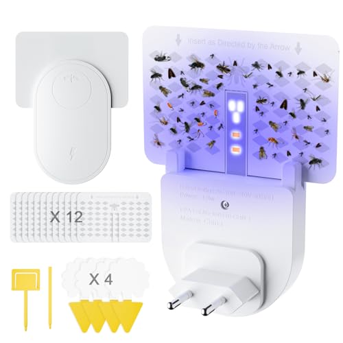 2 Armadilha para moscas da fruta interior, mata moscas de encaixe, sem odor, luz UV LED ajustável, 2 armadilha moscas de fruta 12 cartões adesivos 4 mini armadilhas para aparar moscas