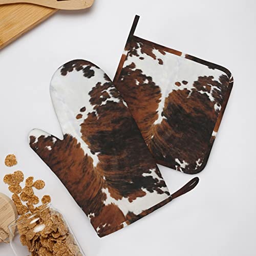 Brown Cow Print Cowhide Pattern Farm Animal Cow Oven Mitts And Pot Holders Sets ,Resistant Recycled Infill Silicone Non-Slip Bbq Gloves For Kitchen,Cooking,Baking,Grilling #TOP7