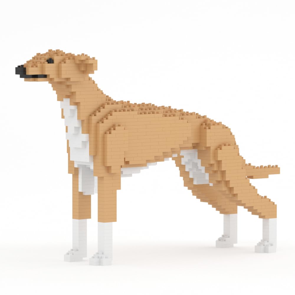 JEKCA Greyhound model next to an iPad Pro, showing dimensions and piece count.