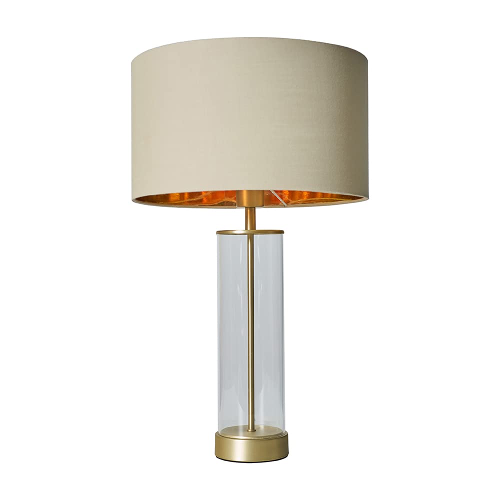 Minisun Beige/Gold | Contemporary Matt & Clear Tube Table Lamp With A Cylinder Shade | Home Décor, Bedside & Desk Lamp | Includes Bulb [3000K Warm White]